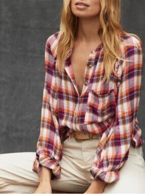 Anthropologie Pilcro Breezy Button-Down Plaid Shirt Western Cottagecore Flowy S
